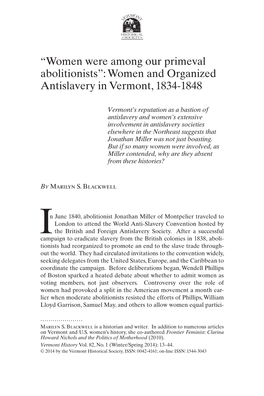 Women Were Among Our Primeval Abolitionists”: Women and Organized Antislavery in Vermont, 1834-1848