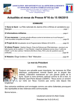 Actualités Et Revue De Presse N°16 Du 15 /06/2015