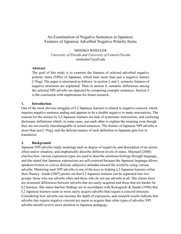 An Examination of Negative Sentences in Japanese: Features of Japanese Adverbial Negative Polarity Items