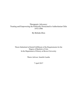 Therapeutic Advocacy: Treating and Empowering the Politically Persecuted in Authoritarian Chile 1973-1990