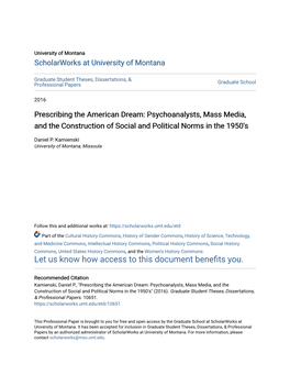 Prescribing the American Dream: Psychoanalysts, Mass Media, and the Construction of Social and Political Norms in the 1950'S