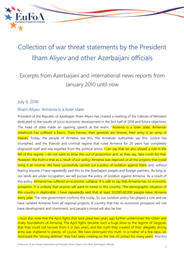 Collection of War Threat Statements by the President Ilham Aliyev and Other Azerbaijani Officials