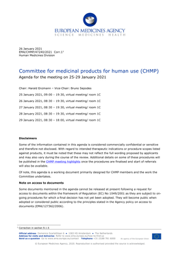 CHMP Agenda of the 25-29 January 2021 Meeting