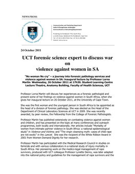 UCT Forensic Science Expert to Discuss War on Violence Against Women in SA