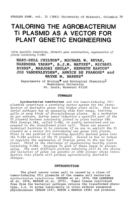 T Al LORING the AGROBACTERIUM Ti PLASMID AS a VECTOR for PLANT GENETIC ENGINEERING