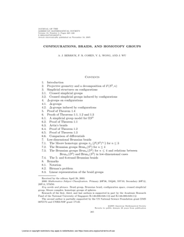 CONFIGURATIONS, BRAIDS, and HOMOTOPY GROUPS Contents 1. Introduction 2. Projective Geometry and a Decomposition of F(S2,N) 3. Si