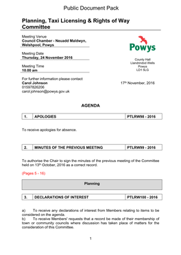 Planning, Taxi Licensing & Rights of Way Committee