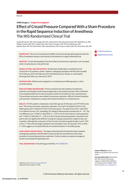 Effect of Cricoid Pressure Compared with a Sham Procedure in the Rapid Sequence Induction of Anesthesia the IRIS Randomized Clinical Trial