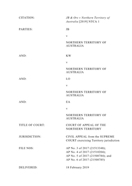 JB V NORTHERN TERRITORY of AUSTRALIA