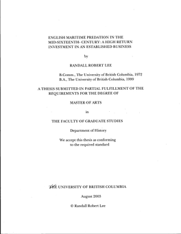 English Maritime Predation in the Mid-Sixteenth- Century: a High Return Investment in an Established Business