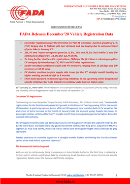 FADA Releases December'20 Vehicle Registration Data