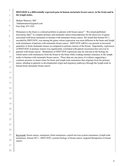 HIST1H3E Is a Differentially Expressed Gene in Human Metastatic Breast Cancer, in the Brain and in the Lymph Nodes