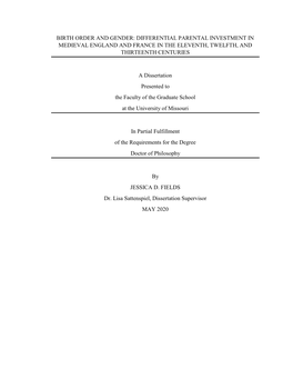 Birth Order and Gender: Differential Parental Investment in Medieval England and France in the Eleventh, Twelfth, and Thirteenth Centuries