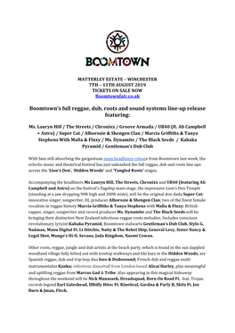 Boomtown's Full Reggae, Dub, Roots and Sound Systems Line-Up Release