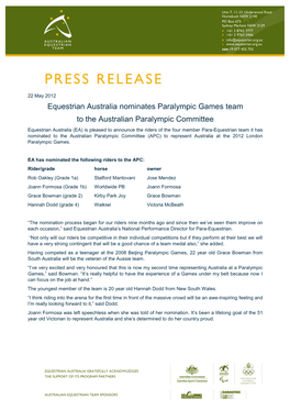 Equestrian Australia Nominates Paralympic Games Team to The