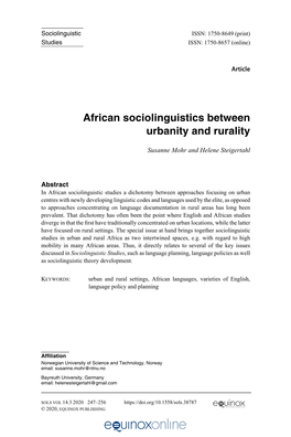 African Sociolinguistics Between Urbanity and Rurality