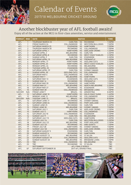 Calendar of Events 2017/18 MELBOURNE CRICKET GROUND