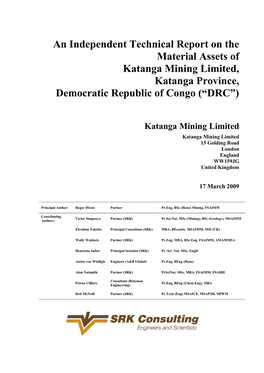 An Independent Technical Report on the Material Assets of Katanga Mining Limited, Katanga Province, Democratic Republic of Congo (“DRC”)