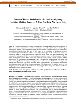 Power of Forest Stakeholders in the Participatory Decision Making Process: a Case Study in Northern Italy