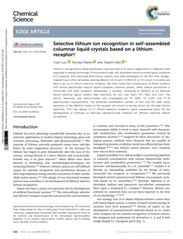 Selective Lithium Ion Recognition in Self-Assembled Columnar Liquid Crystals Based on a Lithium Receptor