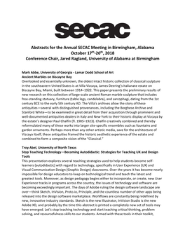 Abstracts for the Annual SECAC Meeting in Birmingham, Alabama October 17Th-20Th, 2018 Conference Chair, Jared Ragland, University of Alabama at Birmingham