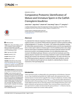 Comparative Proteomic Identification of Mature and Immature Sperm in the Catfish Cranoglanis Bouderius