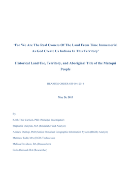Historical Land Use, Territory, and Aboriginal Title of the Matsqui People