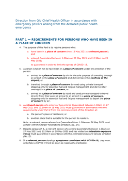 Direction from Qld Chief Health Officer in Accordance with Emergency Powers Arising from the Declared Public Health Emergency