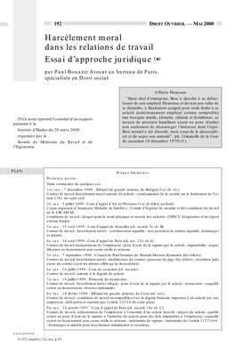 Harcèlement Moral Dans Les Relations De Travail Essai D'approche Juridique