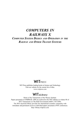 Computers in Railways X Computer System Design and Operation in the Railway and Other Transit Systems