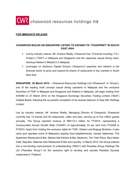 For Immediate Release Chaswood Builds On