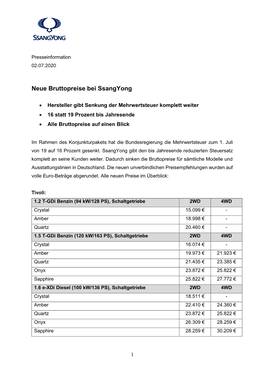 Neue Bruttopreise Bei Ssangyong