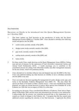 Decisions on Stocks to Be Introduced Into the Quota Management System on 1 October 2005