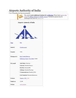 Airports Authority of India from Wikipedia, the Free Encyclopedia This Article Needs Additional Citations for Verification
