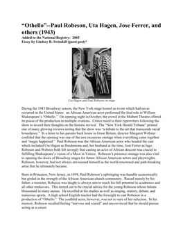 “Othello”--Paul Robeson, Uta Hagen, Jose Ferrer, and Others (1943) Added to the National Registry: 2003 Essay by Lindsey R