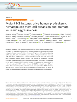 Mutant H3 Histones Drive Human Pre-Leukemic Hematopoietic Stem Cell Expansion and Promote Leukemic Aggressiveness