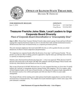 Treasurer Frerichs Joins State, Local Leaders to Urge Corporate Board Diversity Pace of Corporate Board Diversification Is “Unacceptably Slow”