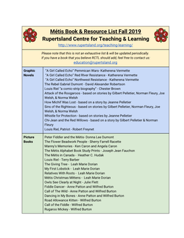 Métis Book & Resource List Fall 2019 Rupertsland Centre for Teaching