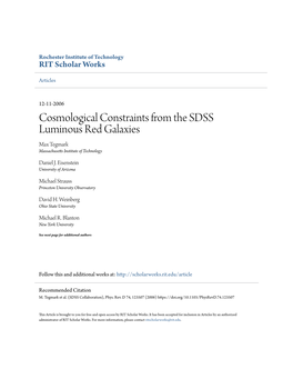 Cosmological Constraints from the SDSS Luminous Red Galaxies Max Tegmark Massachusetts Ni Stitute of Technology