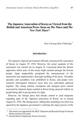 The Japanese Annexation of Korea As Viewed from the British and American Press: Focus on the Times and the New York Times*