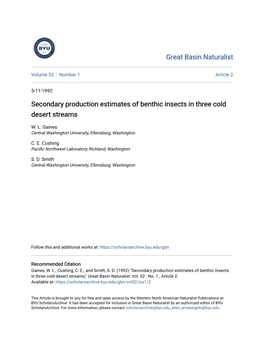 Secondary Production Estimates of Benthic Insects in Three Cold Desert Streams