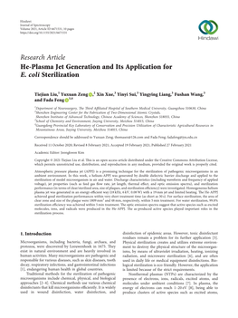 He-Plasma Jet Generation and Its Application for E. Coli Sterilization