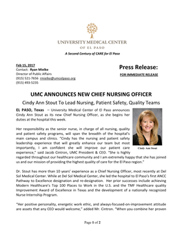 Press Release: Director of Public Affairs for IMMEDIATE RELEASE (915) 521-7656 Rmielke@Umcelpaso.Org (915) 493-5235