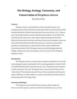 The Biology, Ecology, Taxonomy, and Conservation of Neophoca Cinerea