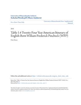 Table 1.4 Twenty-Four Year American Itinerary of English-Born William Frederick Pincbeck (WFP) Peter Benes