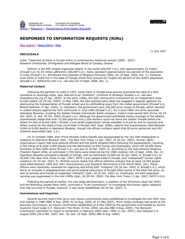 India: Treatment of Sikhs in Punjab Within a Contemporary Historical Context (2005 - 2007) Research Directorate, Immigration and Refugee Board of Canada, Ottawa
