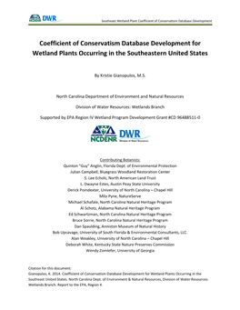 Coefficient of Conservatism Database Development for Wetland Plants Occurring in the Southeastern United States