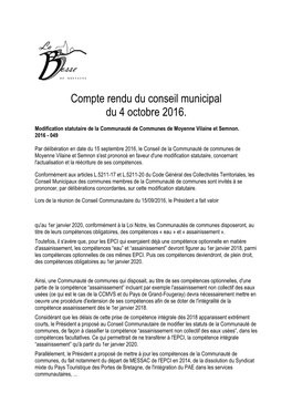 Compte Rendu Du Conseil Municipal Du 4 Octobre 2016