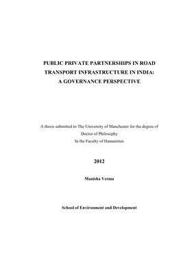 Public Private Partnerships in Road Transport Infrastructure in India: a Governance Perspective