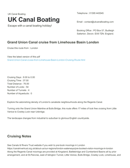 Grand Union Canal Cruise from Limehouse Basin London